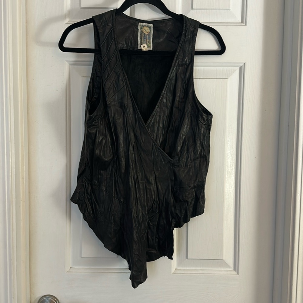 Burning torch genuine leather black wrap top medium asymmetical